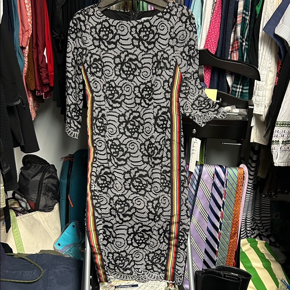 Nicole Miller Black and White Lace Dress with Colorful Stripes on each side - Picture 2 of 8
